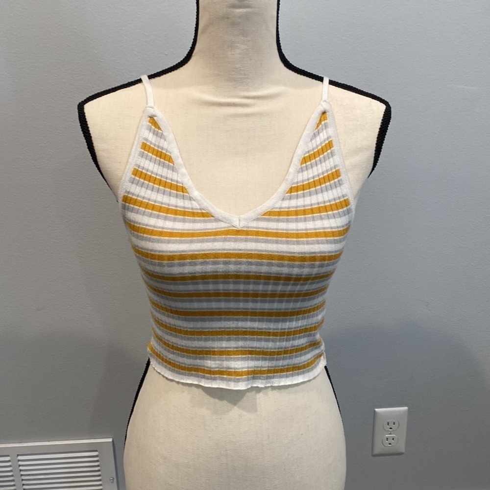 Streetwear Society White, Yellow, and Gray Striped Cropped Tank Top -Size Medium